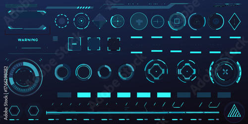 Futuristic user interface elements and hud graphics in cyan and blue tones