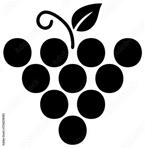 Simple black silhouette of a grape bunch with a leaf and vine icon for winery or food