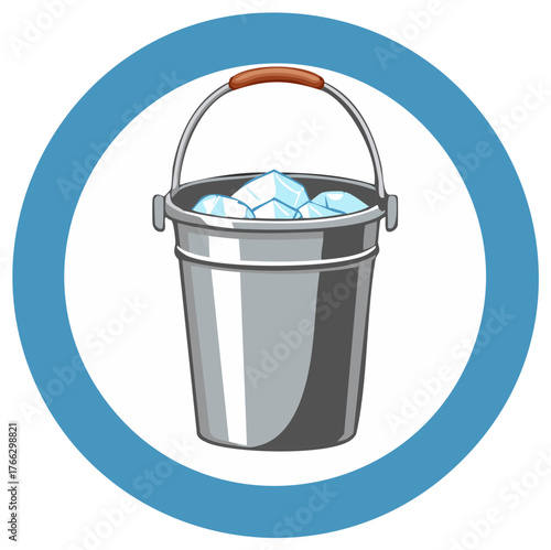 Ice Bucket Vector Illustration in Blue Circle, Metal Pail Full of Ice Cubes