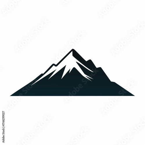 A minimalist black mountain peak icon, a simple silhouette symbol representing adventure, hiking, and outdoor exploration branding