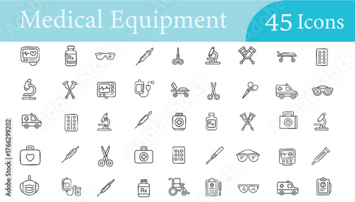 Medical tools and device icons pack for clinical dashboards, UI templates, and infographics
