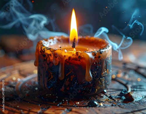 Burning candle illuminates a wooden surface with smoke and melted wax, creating a mystical and atmospheric ambiance.