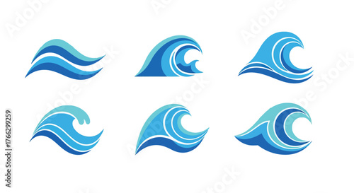 Stylized blue ocean waves in multiple graphic design variations shown