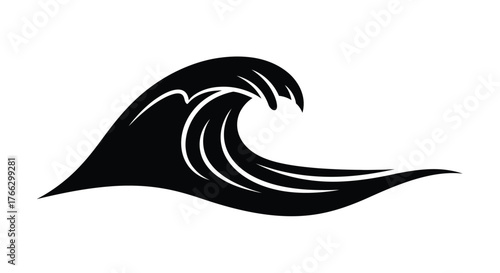 A simple black and white illustration of a stylized ocean wave design