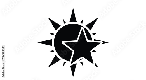 Black silhouette of a crescent moon and starburst sun design