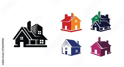 Colorful isometric house icons representing real estate and home ownership concepts