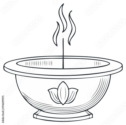 Aromatic incense stick burning in a traditional decorative bowl with a beautiful lotus flower design