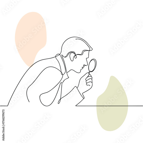 One line drawing of a person looking through a magnifying glass searching for something with curiosity and attention minimalist art concept with abstract shapes