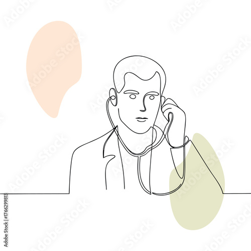 Professional doctor listening with stethoscope one line drawing vector illustration minimalist style healthcare and medicine modern concept for medical clinic banner and advertising