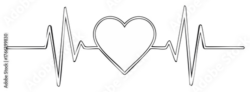 Cardiac Rhythm with Heart Icon, Pulse Waveform, Love Symbol, Health Monitoring and Care Line Art