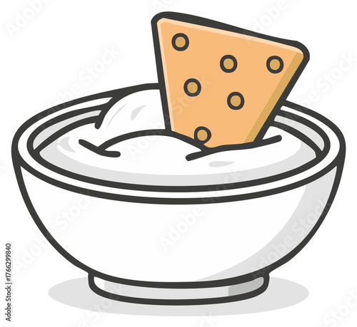 Cartoon style bowl of dip with a triangular tortilla chip
