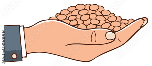 Illustrated hand holding a pile of brown beans, lentils, or grains in a flat design