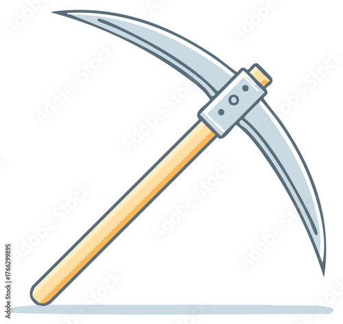 Cartoon illustration of a double bladed pickaxe tool for digging and mining with wooden handle and sharp metal blades