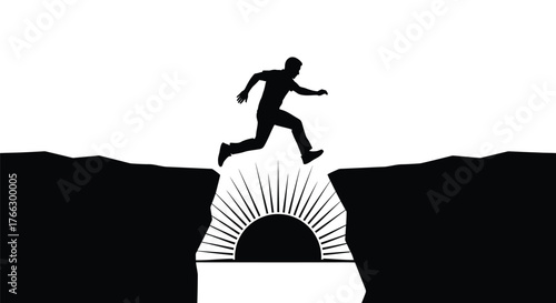 Silhouette of a man leaping across a chasm toward the light