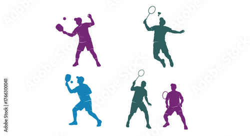 Silhouettes of tennis players in dynamic action poses colorful design