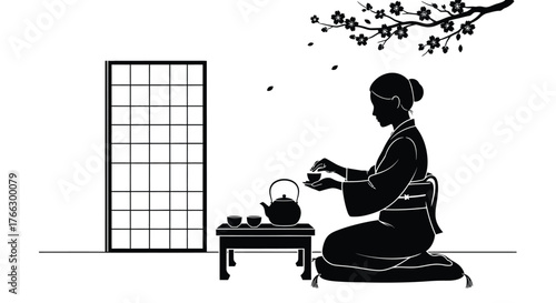 A serene silhouette of a woman preparing tea in a traditional setting