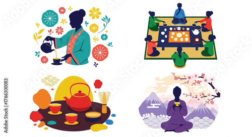 People enjoying a traditional tea ceremony with floral and zen elements