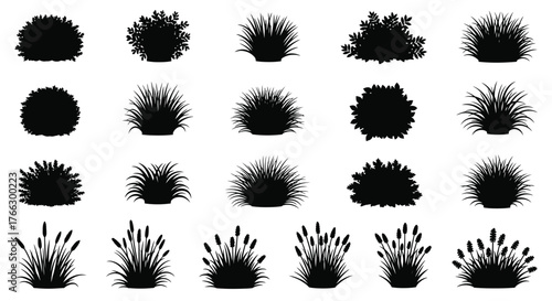 Collection of various black silhouette bushes grasses and foliage elements