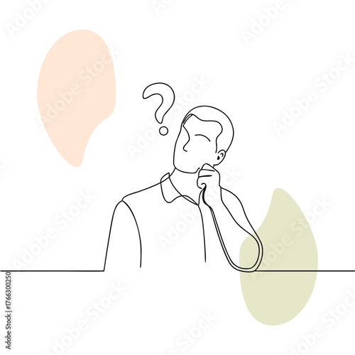 Single line drawing of a thoughtful man with a question mark above his head in a minimalist illustration about problem solving and finding solutions for business