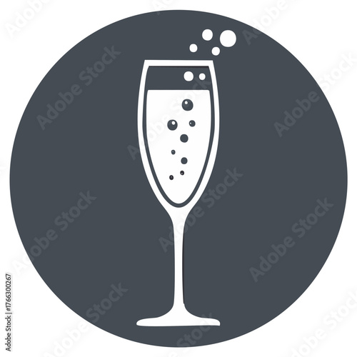 Elegant flute glass filled with bubbly champagne and effervescent bubbles rising in a circular graphic