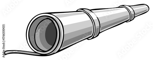 Stylized illustration of a silver fire hose nozzle with a tapered end and a rolled hose attached