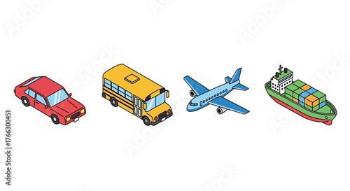 Isometric illustration showcasing a red car school bus plane and cargo ship