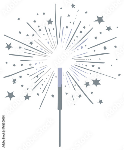 Hand drawn burning sparkler with festive sparks and stars vector illustration