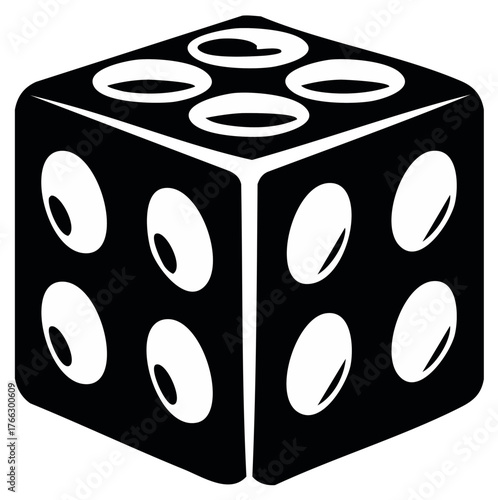 Stylized black gaming die with cartoon eye pips in a graphic vector icon style