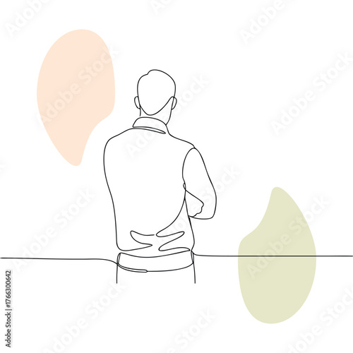 Abstract Single Line Drawing of a Man with Arms Crossed in Thoughtful Pose Contemplating Design Ideas and Future Concepts with Neutral Color Accents