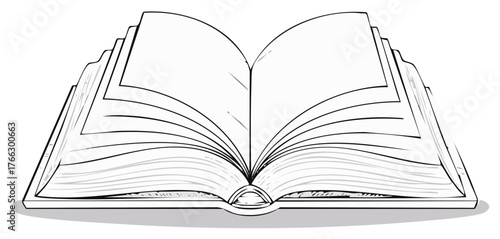 Hand drawn outline of an open book with blank pages spread wide for knowledge and study