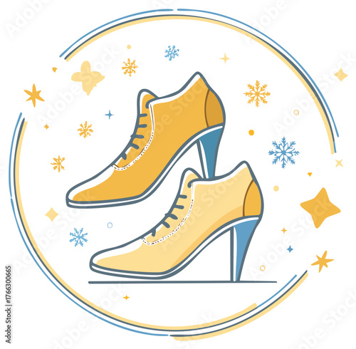 Fashionable Yellow Ankle Boots with Blue Heels and Winter Decorations