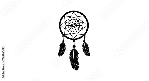 Detailed black silhouette of a traditional dreamcatcher with hanging feathers