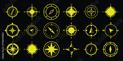 Collection of Yellow Compass Rose Icons on Black Background