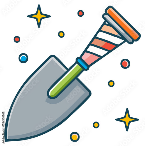 Colorful cartoon garden trowel with a striped handle surrounded by magical sparkles and stars