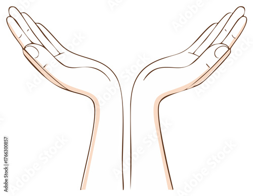 Outstretched hands cupped upwards, offering support and care, white background.