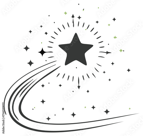Stylized illustration of a dark star with a light trail and scattered stars