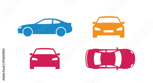 Stylized colorful car icons depict different vehicle views and perspectives