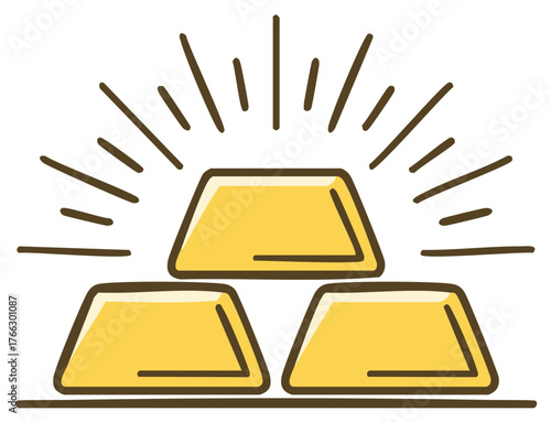Bright yellow gold ingots stacked with radiating lines simple outline cartoon icon illustration