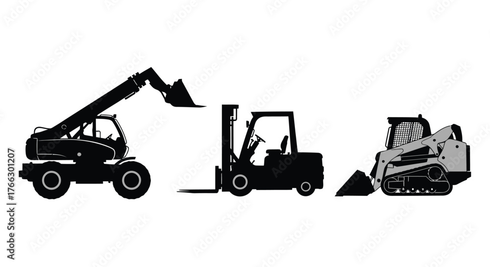 Naklejka premium Silhouette view of construction machinery including a telehandler forklift and skid steer