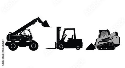Silhouette view of construction machinery including a telehandler forklift and skid steer