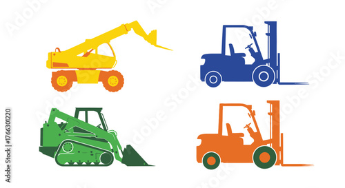 Colorful construction vehicle icons representing forklifts and skid steers