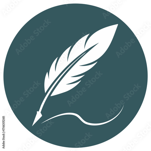 Feather quill pen icon in circle for writing, design, literature, and creativity