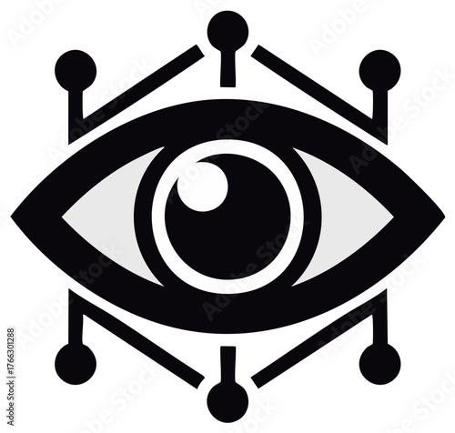 Stylized Eye Surrounded by Connected Nodes Representing Vision Technology or Surveillance