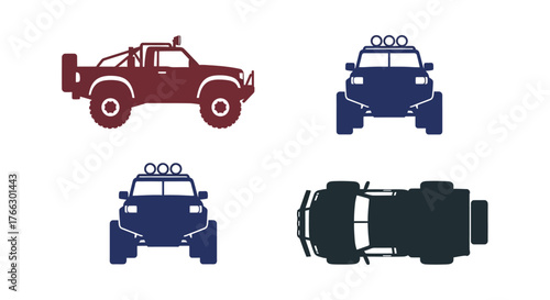 Stylized depictions of off road trucks in various perspectives shown
