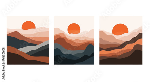 Abstract mountain and sun landscape triptych wall art in warm tones