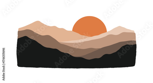 Minimalist mountain landscape with a vibrant orange sun setting in the distance