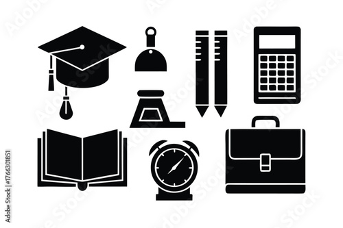 Education Icons Graduation Cap Inkwell Pencils Calculator Book Alarm Clock Briefcase