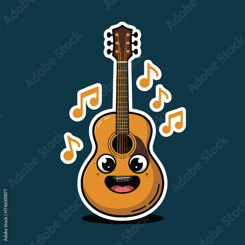 Cartoon guitar with a smiling face and musical notes floating around on a dark blue background