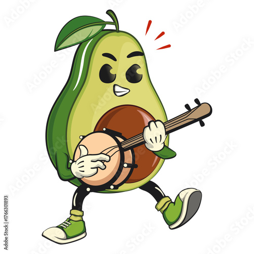 cute avocado mascot cartoon vector illustration playing the banjo musical instrument, healthy food concept, isolated funny fruit design for logo, kids, and nutrition themes, work of hand drawn