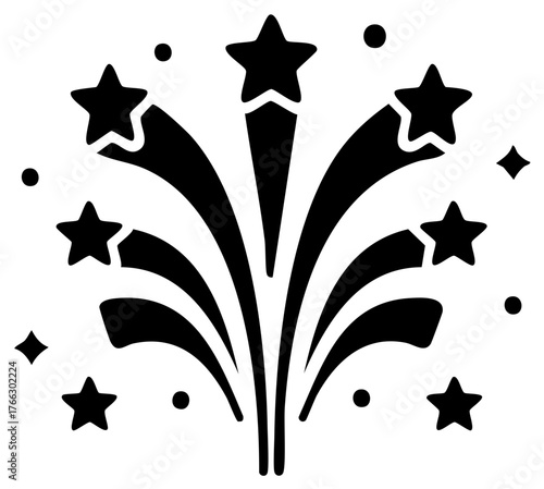 Stylized black silhouette of a festive fireworks explosion with bursting stars and sparks graphic icon illustration